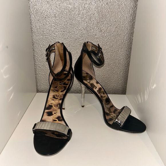 Sam Edelman Allie Glam Disco Cocktail Black Silver Open Toe 4.5” Stiletto Heels - Picture 1 of 12